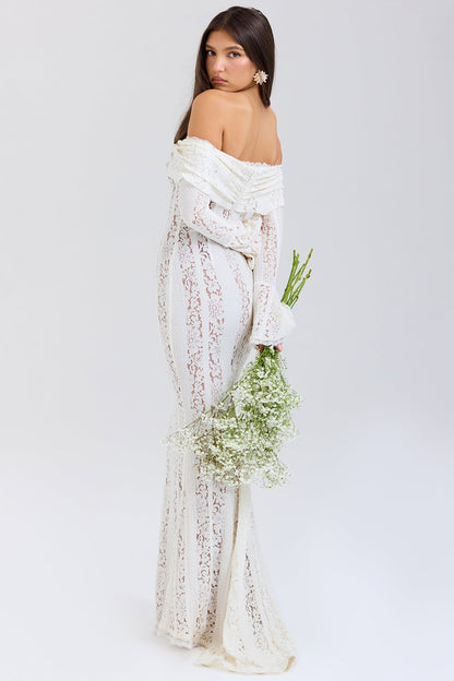 vintage cream floral lace off shoulder maxi dress