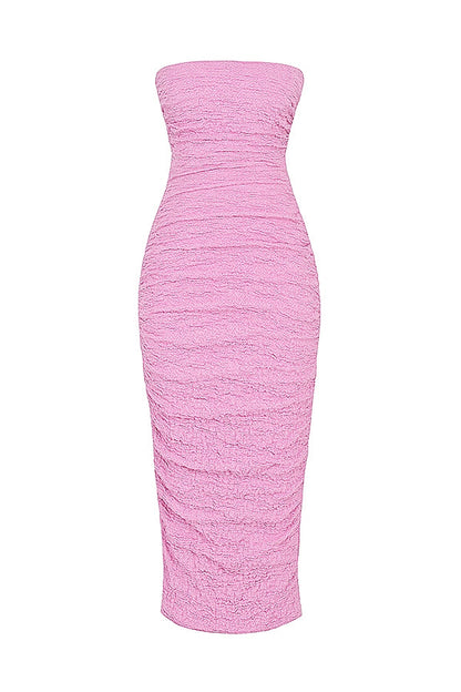 pink strapless corset midi dress