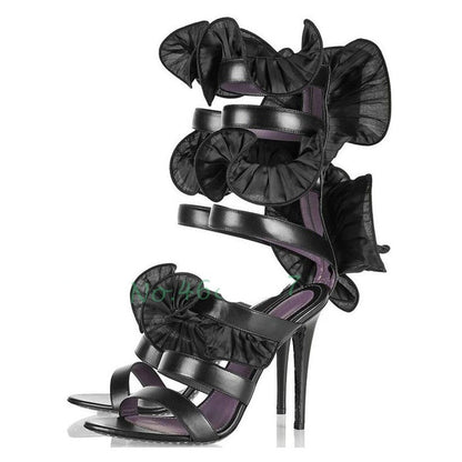 Black Ruffles Strap High Heels Sandals - Sansa Costa
