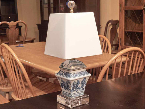 Blue & White Chinoiserie Square Table Lamp & Cream Silk Shade