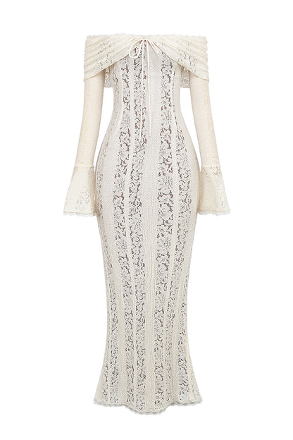 vintage cream floral lace off shoulder maxi dress