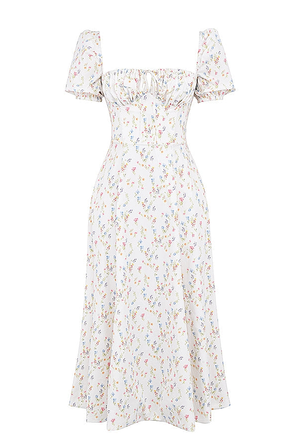white posy print cotton puff sleeve midi sundress