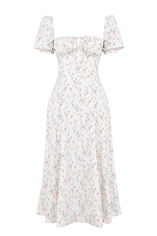 white posy print cotton puff sleeve midi sundress