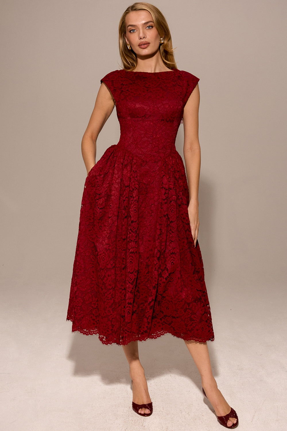 berry lace backless midi dress - sale