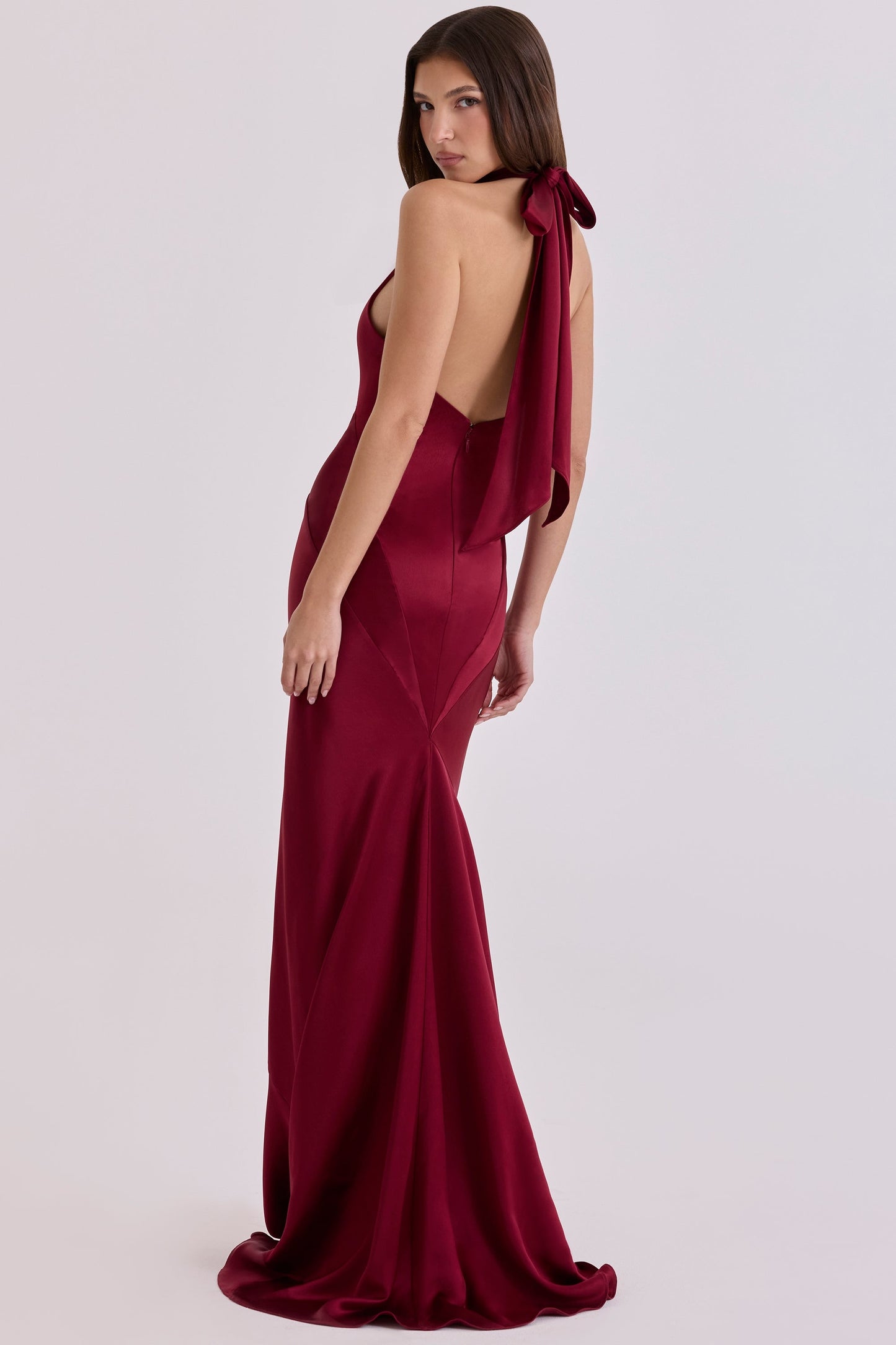 wine satin halter maxi dress