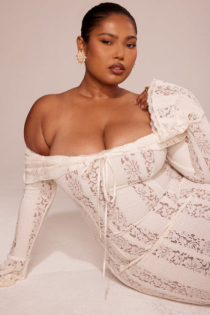 vintage cream floral lace off shoulder maxi dress