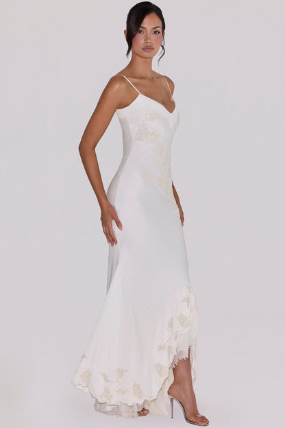 vintage ivory satin hand beaded embellished maxi dress