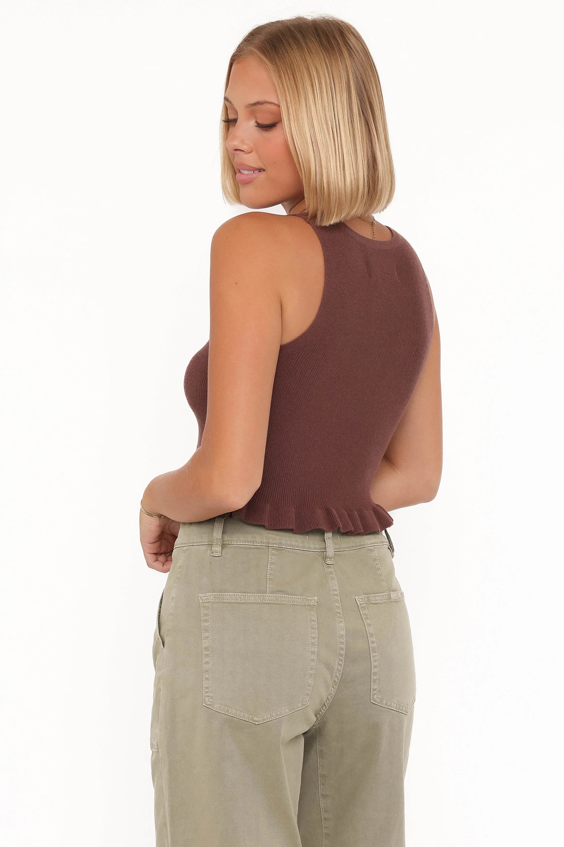 Berenice Ruffle Hem Knitted Top - Brown