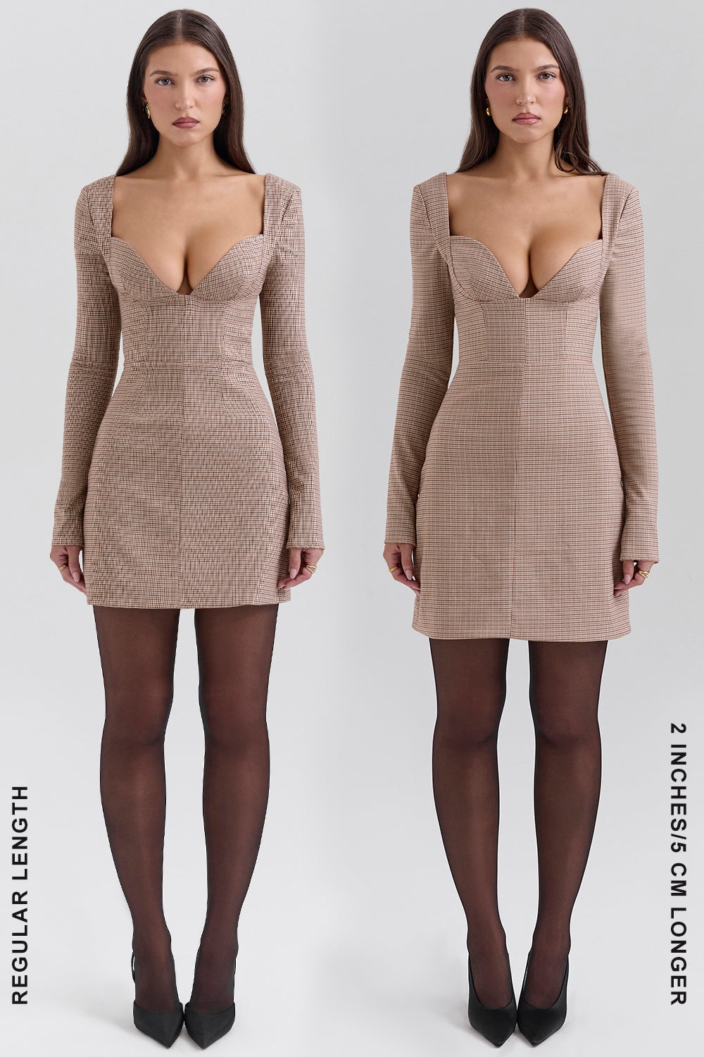 brown puppytooth check plunge mini dress - sale
