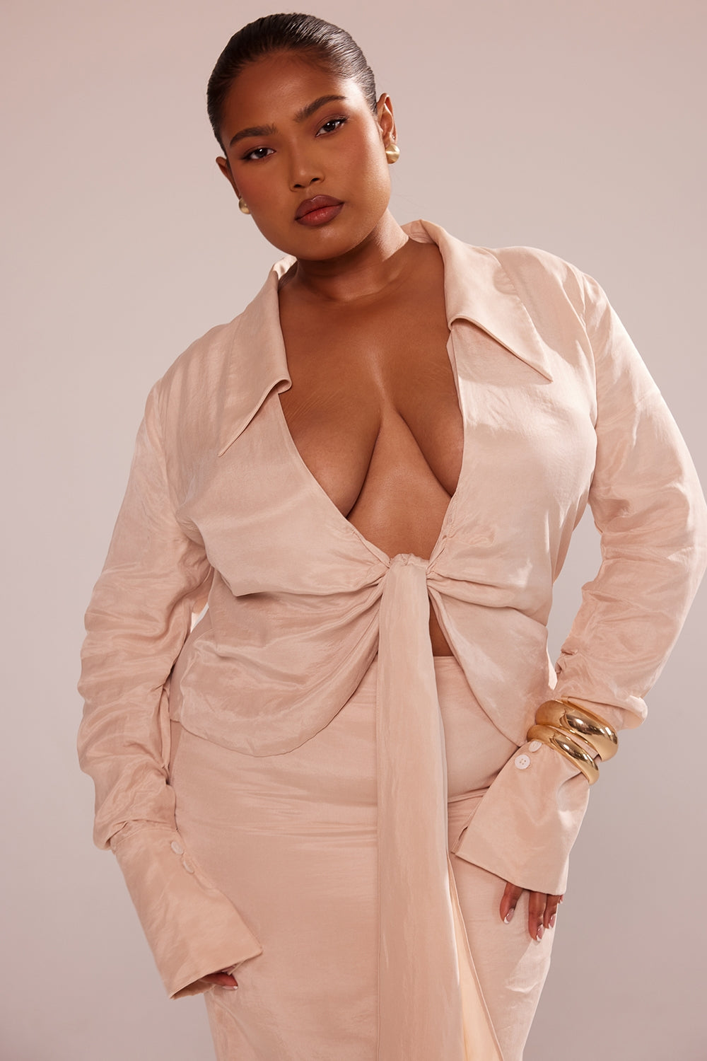 almond plunge shirt midi dress