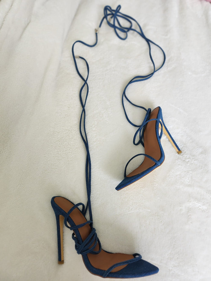 Clearance - Blue Denim Thin Cross Strap Stiletto Heels Large