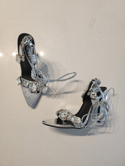Clearance - Chunky Rhinestone Metallic Lace Up High Heel Sandals
