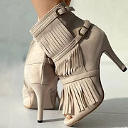 Clearance - Strappy Fringe High Heel Ankle Boots