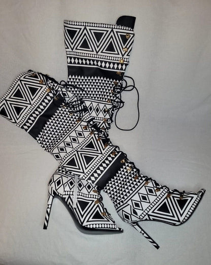 Clearance - Tribal Print Open Thigh High Boots
