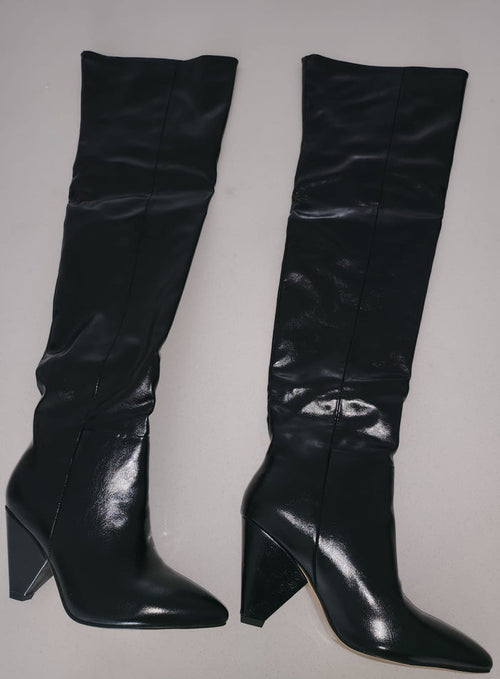 Clearance -"Niki" Triangular Heel Knee High Boots Inspired By Saint Laurent