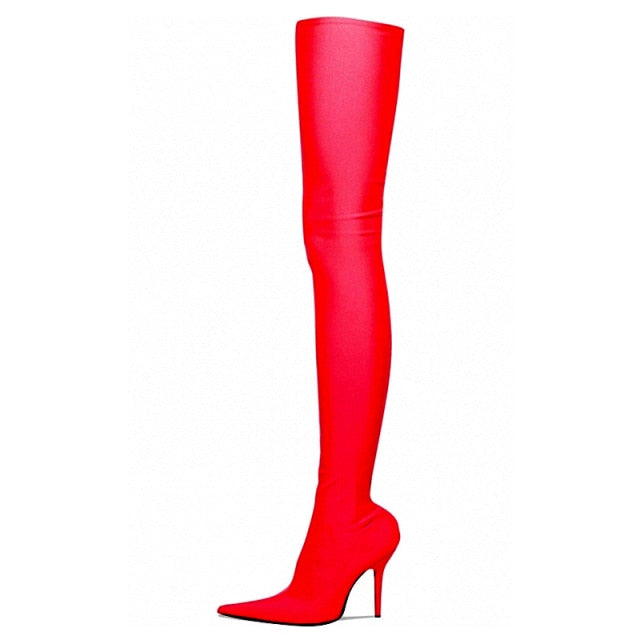 Clearance -Red Thigh Length High Heel Boots