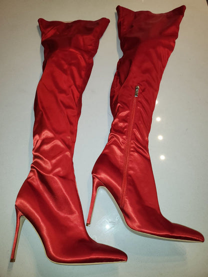 Clearance -Red Thigh Length High Heel Boots