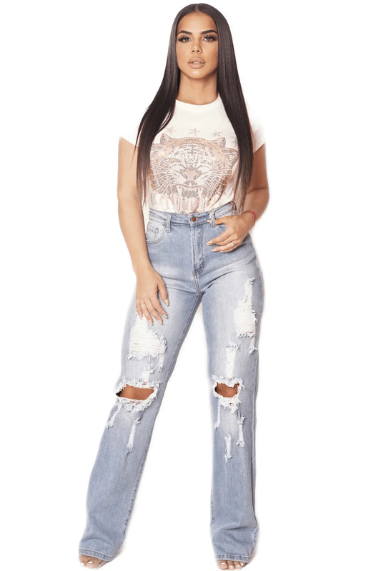 Vibrant Forever Distressed Jeans – Light Wash Stretch Denim