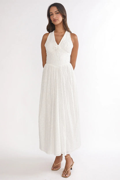 Sundrenched Halter Maxi Dress Eyelet White