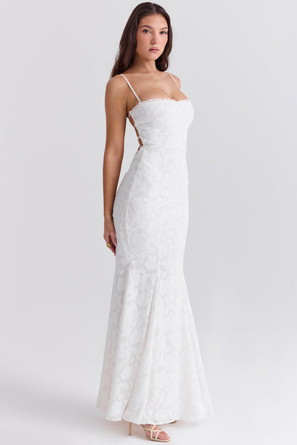 ivory lace up back maxi dress