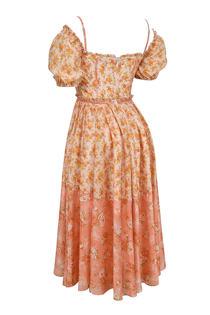 peach poppy print puff sleeve midi sundress