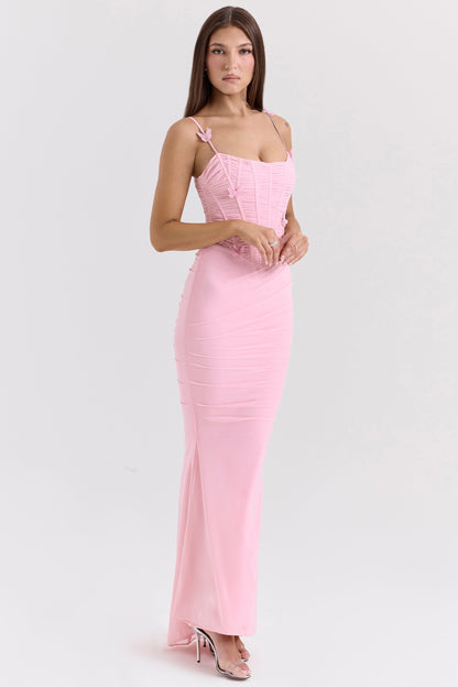pink stretch mesh butterfly maxi dress