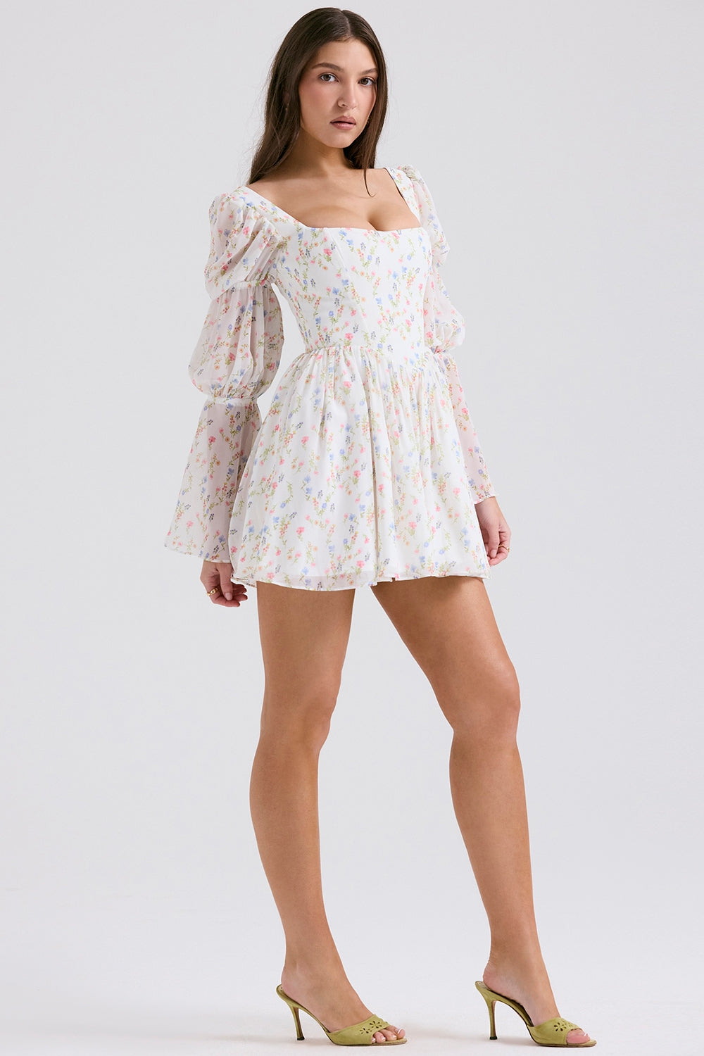 white posy print puff sleeve mini dress