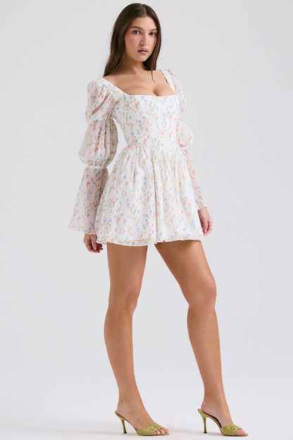 white posy print puff sleeve mini dress