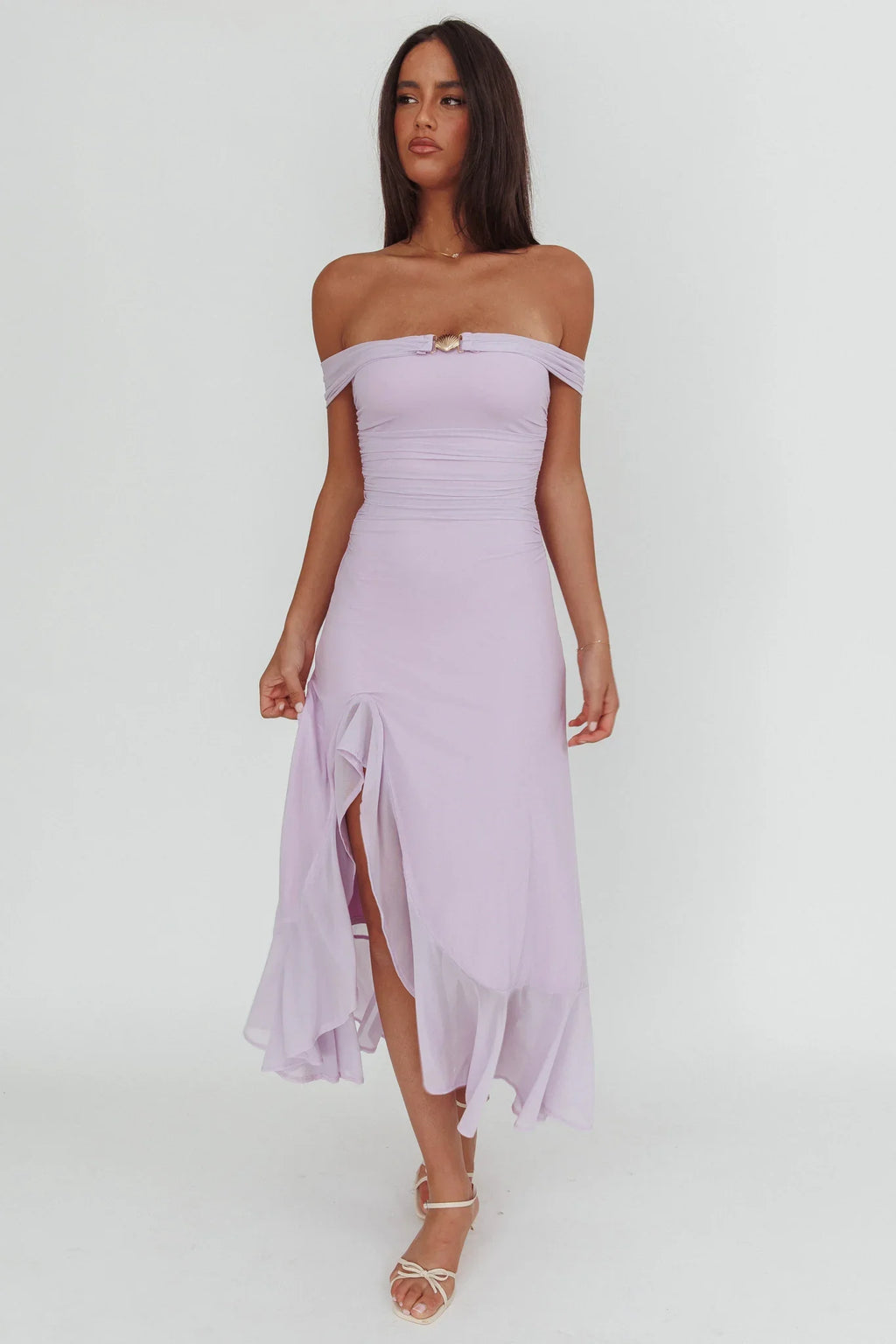 Moonlit Magic Off-Shoulder Split Maxi Dress Lilac
