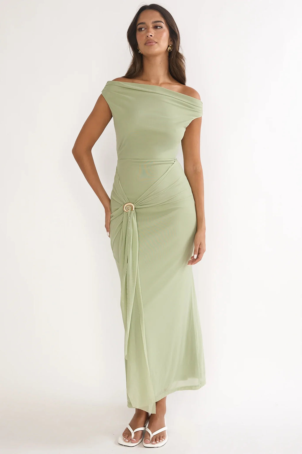 Lyssia Off-Shoulder Waist Sash Maxi Dress Sage