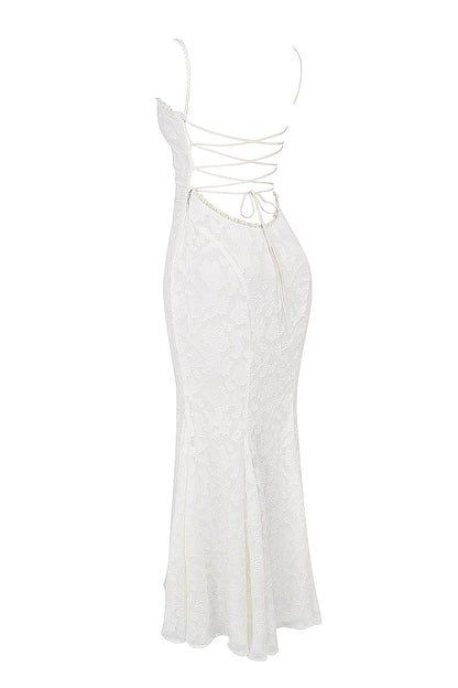 ivory lace up back maxi dress