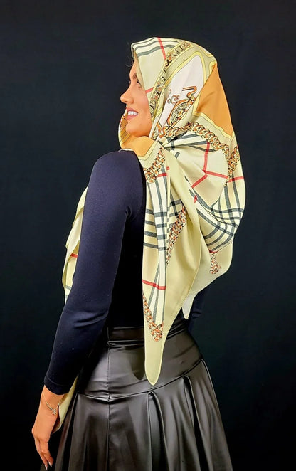 Silk Accessories Online: Derby Print Satin Scarf-Beige