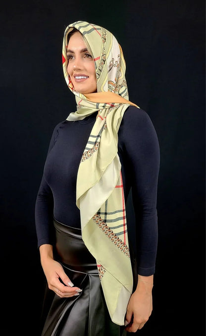 Silk Accessories Online: Derby Print Satin Scarf-Beige