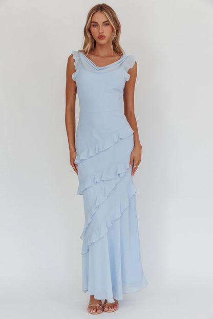 Sangria Cowl Neck Frill Maxi Dress Blue