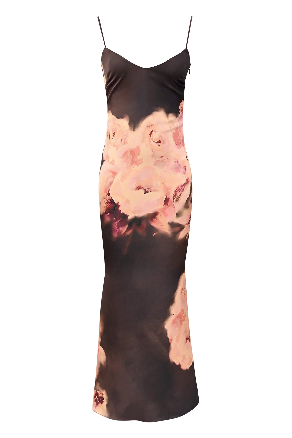 dark brown floral printed satin maxi dress