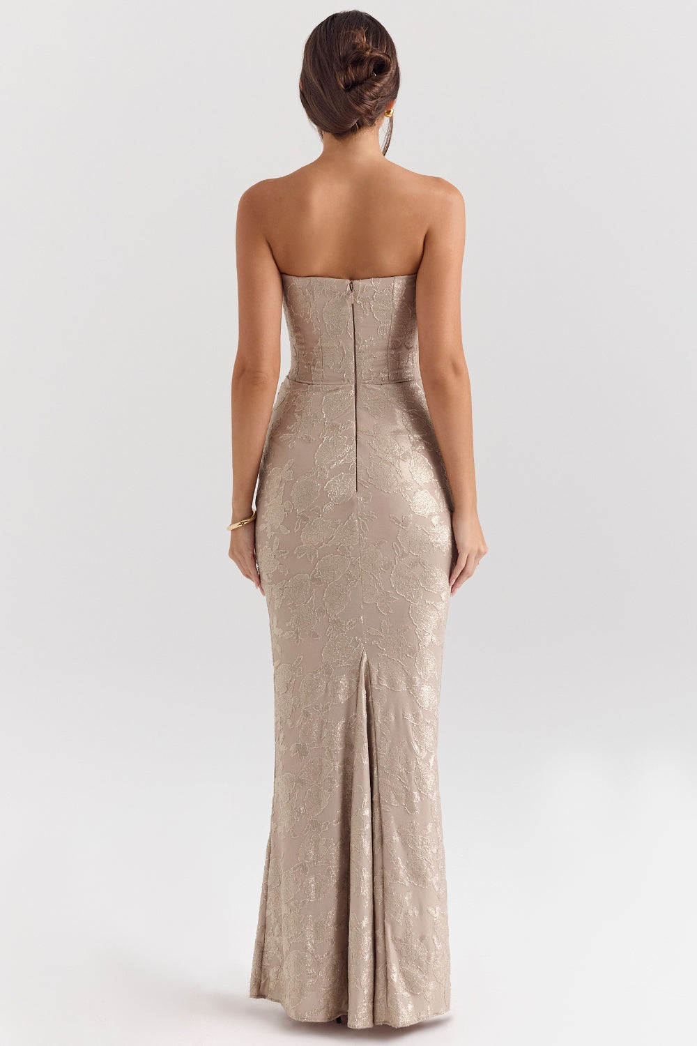 pale gold chiffon mesh strapless corset maxi dress