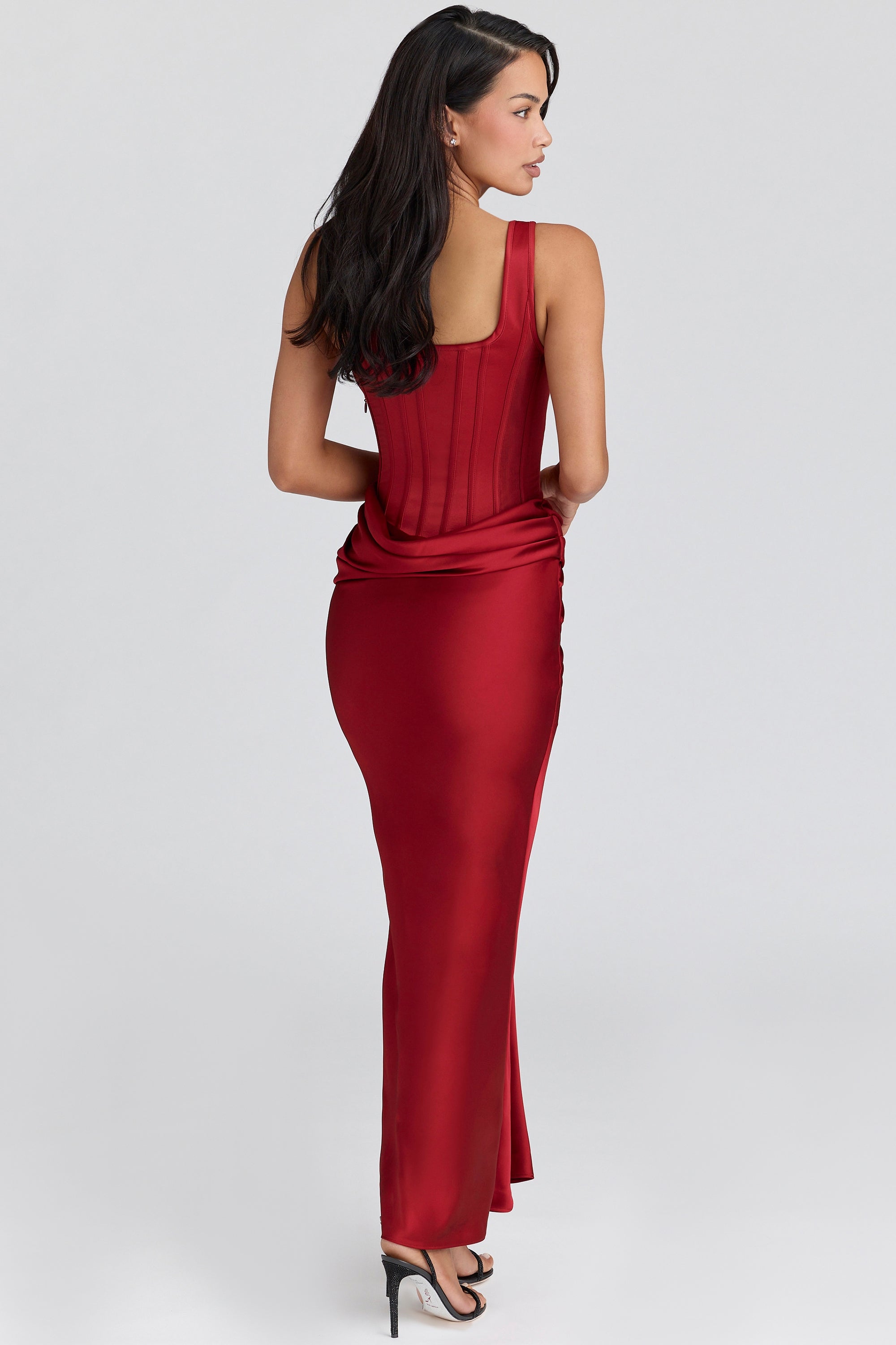red satin corset maxi dress