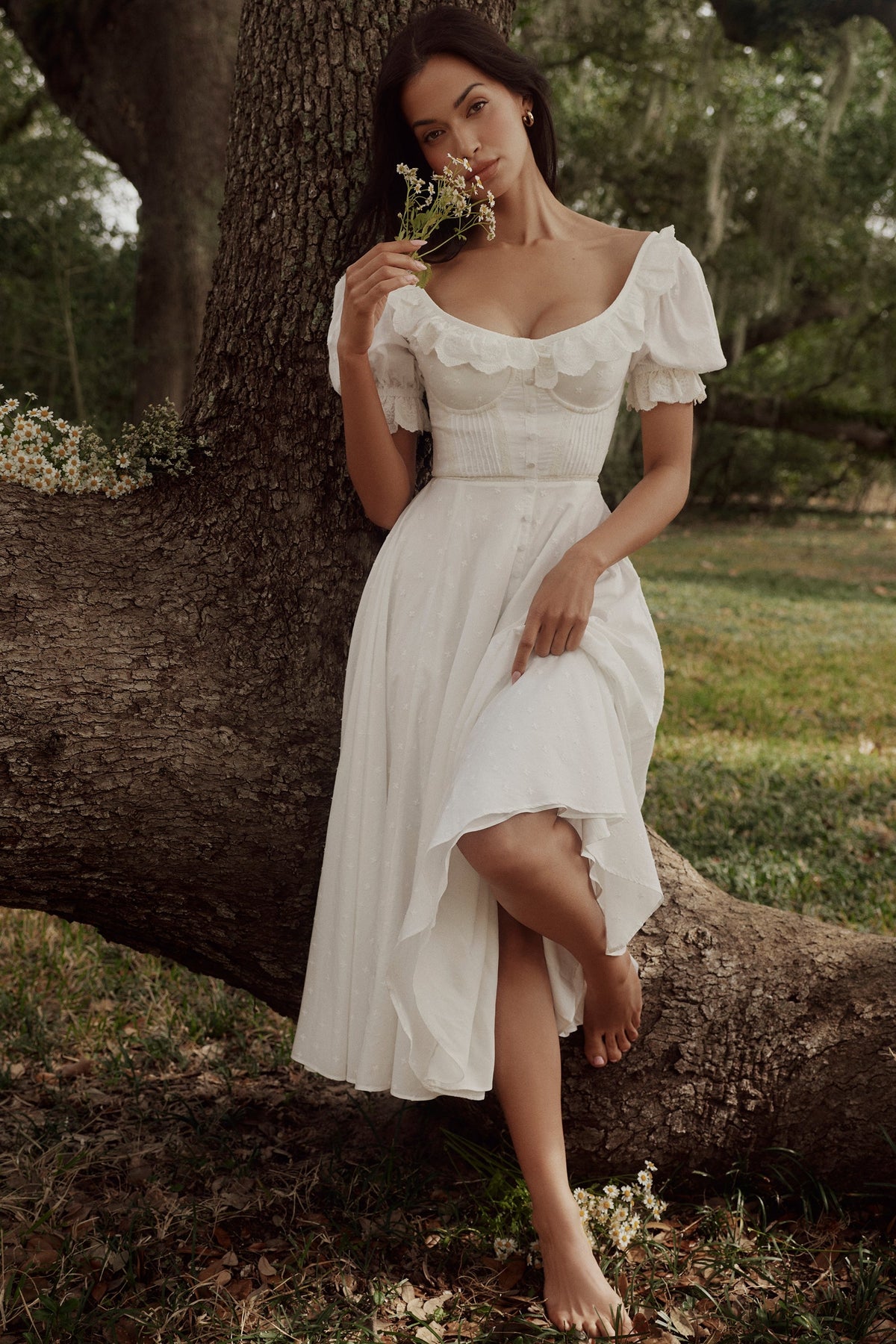 white broderie anglais babydoll midi dress