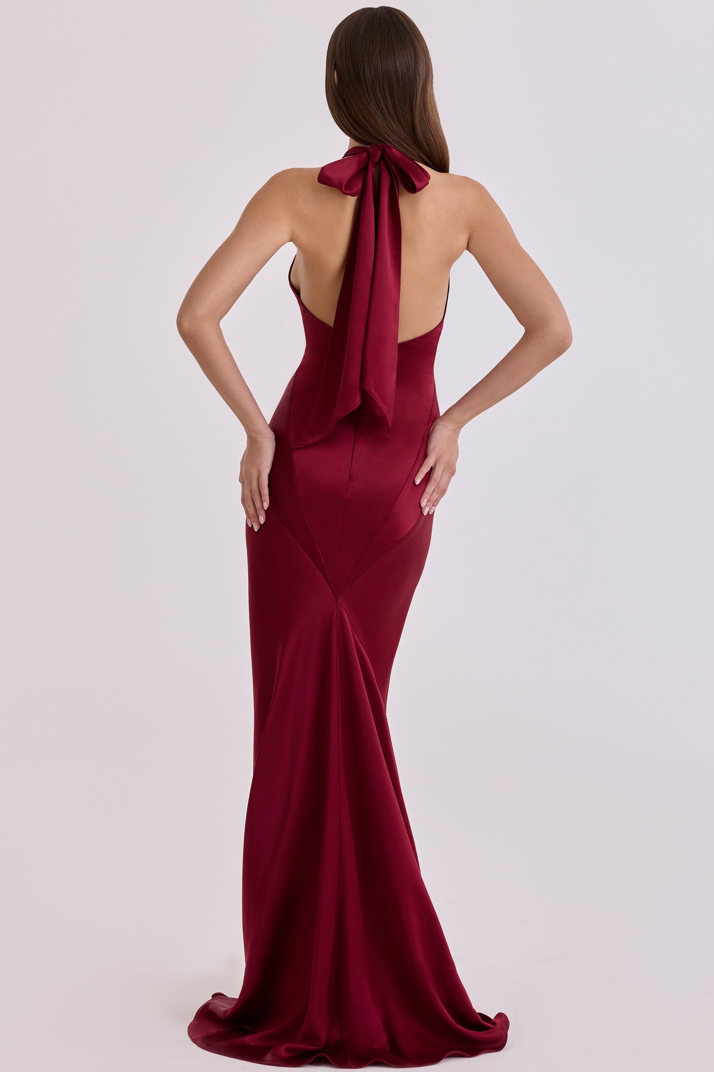 wine satin halter maxi dress