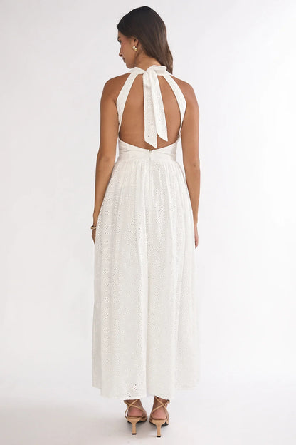 Sundrenched Halter Maxi Dress Eyelet White