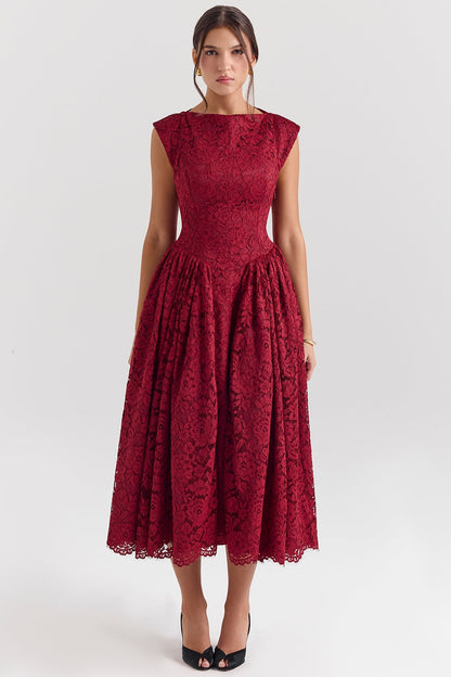 berry lace backless midi dress - sale