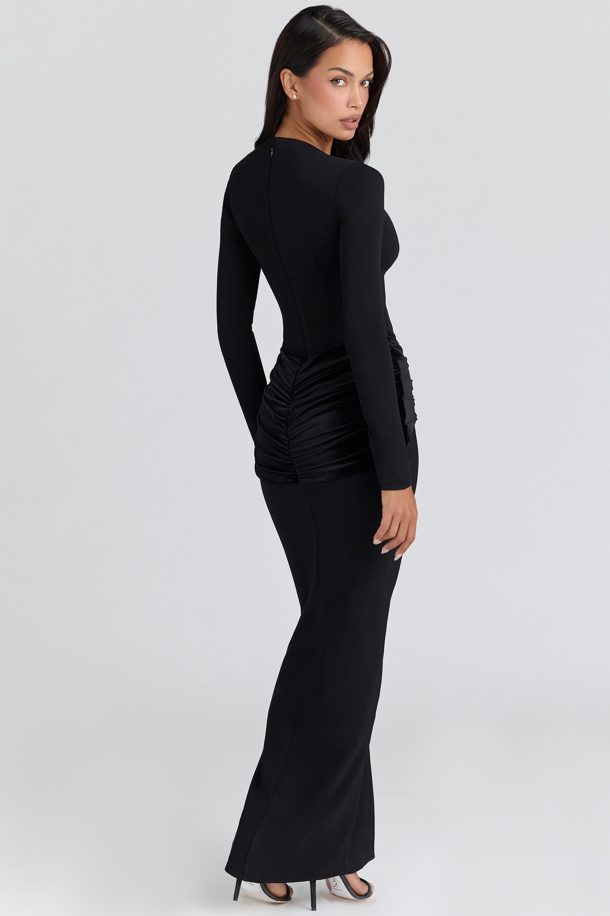 black long sleeve crepe jersey maxi dress