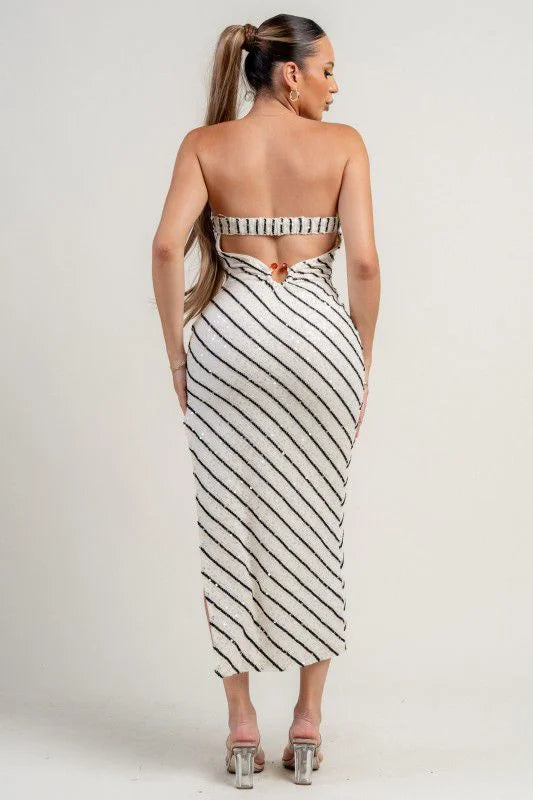 Starlight Sequin Stripe Knit Midi Dress - Cream / Black