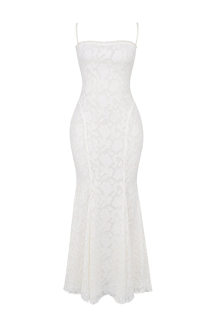 ivory lace up back maxi dress