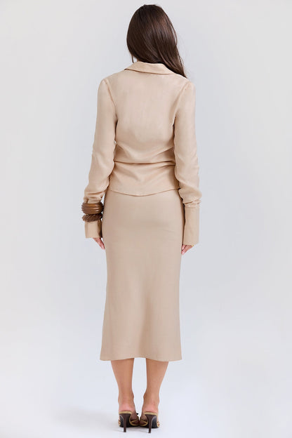 almond plunge shirt midi dress