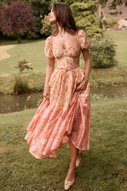 peach poppy print puff sleeve midi sundress