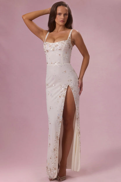 Embellished Corset Maxi Dress in Ivory