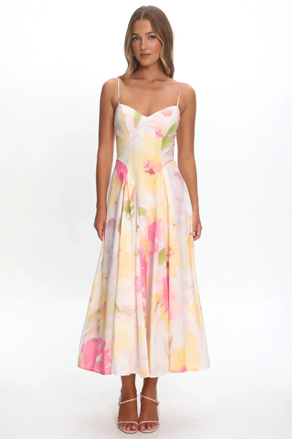 Get My Attention Pleat Waist Maxi Dress Floral Yellow