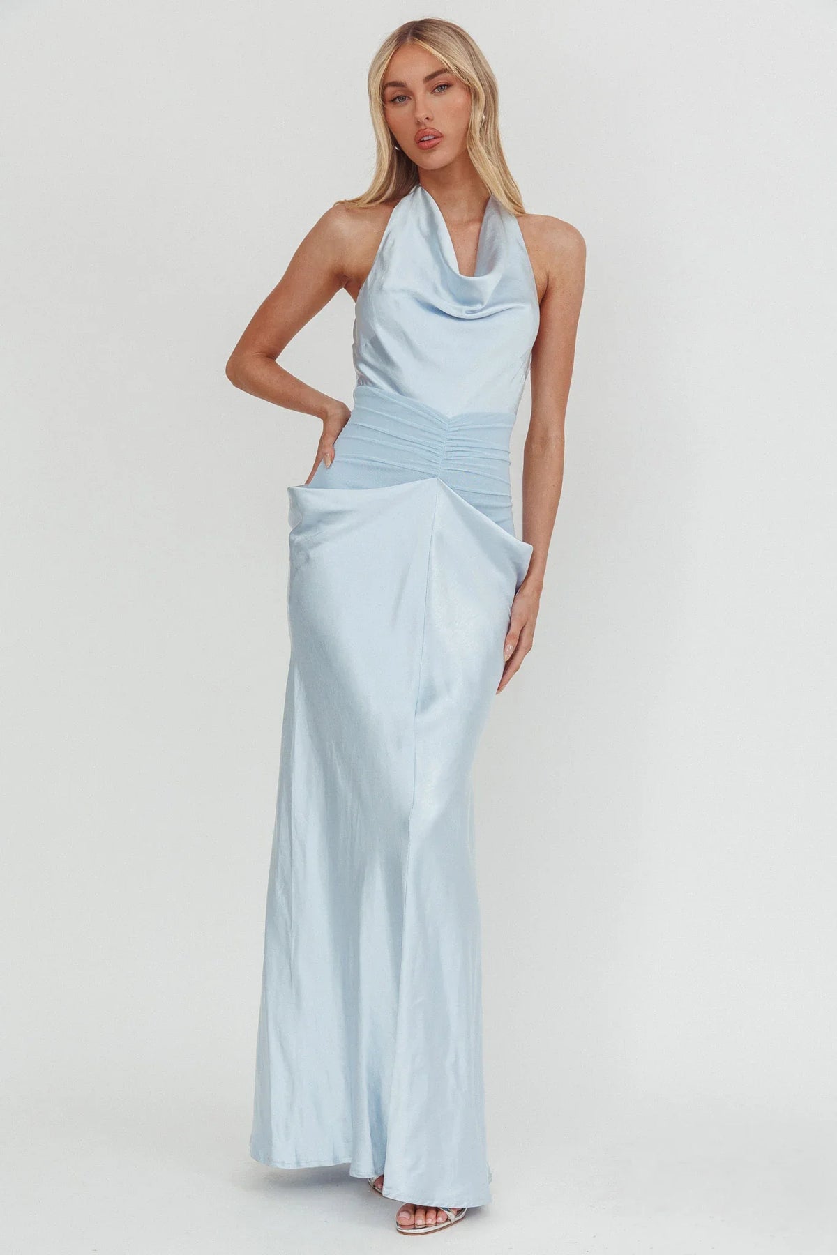 Zynthia Cowl Neck Ruched Waist Maxi Dress Ice Blue