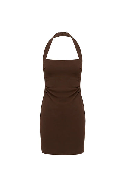 FRANCA HALTER MINI DRESS - BITTER CHOCOLATE